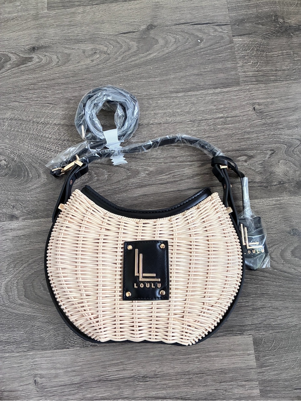 LOULU Cream Woven Crescent Crossbody with Black Trim